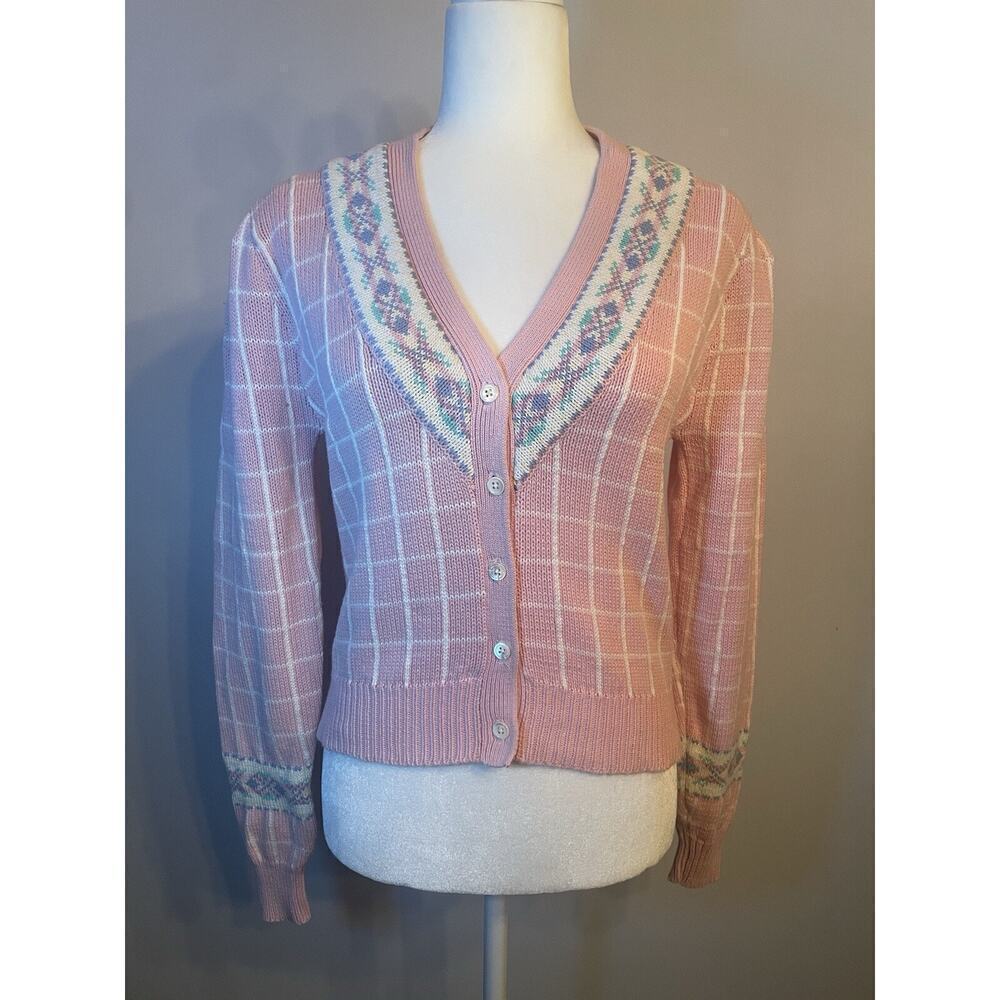 Vintage 80s Ralph Lauren Collection Cardigan Sweater Granny Knit Cotton M L Pink - Picture 2 of 9